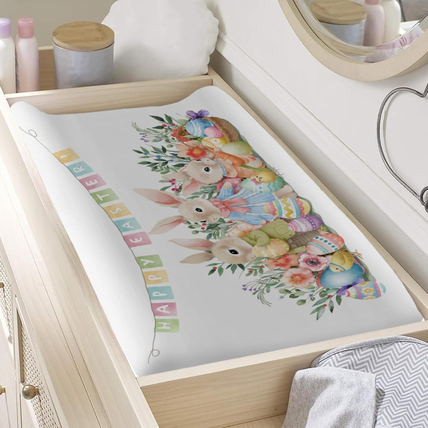 Happy Easter Bunny Eggs Changing Pad Cover Spring Rabbits Chicks Grass Flowers Leaves Garden Diaper Changing Table Cover Sheets for Boy Girl Soft Stretchy Change Table Pad Mats Covers 32''x16''