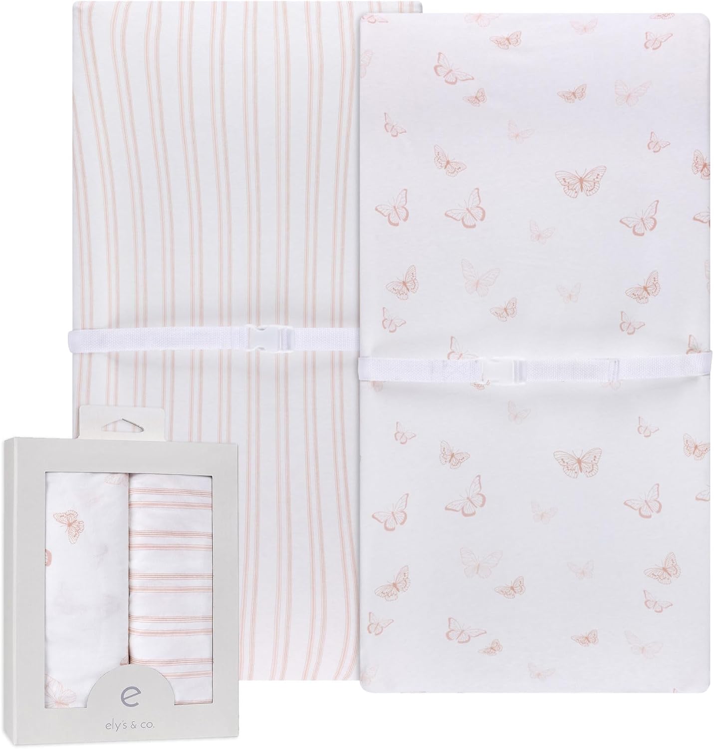 Ely’s & Co. Changing Pad Cover, Diaper Changing Table Sheets, 2 Pack, Cradle Sheet Set for Baby Girls, 100% Jersey Knit Cotton, 32”x16”x5” Pink Butterfly + Stripe Collection