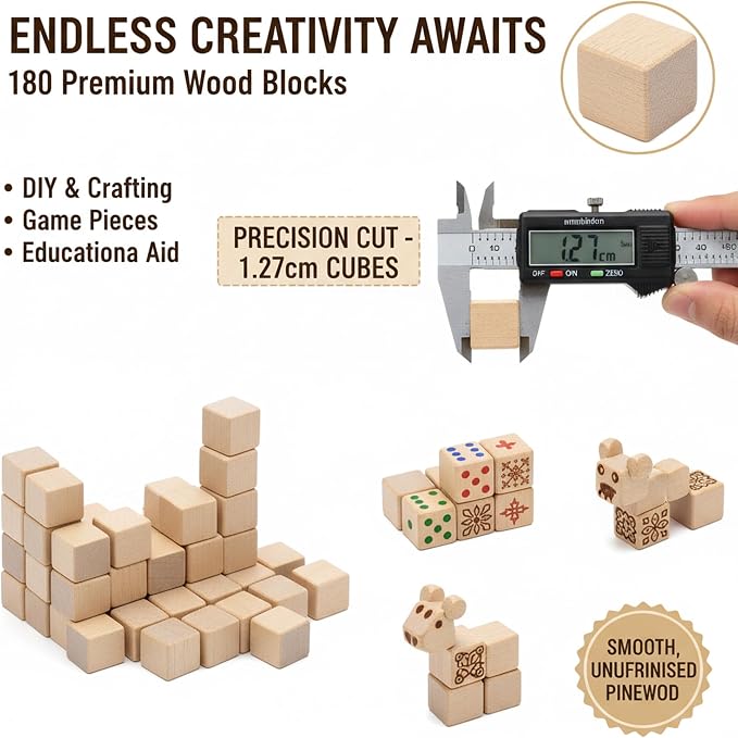 Wood Blocks for Crafting, Unfinished Wood Cubes, 1/2 Inch Natural Wooden Blocks