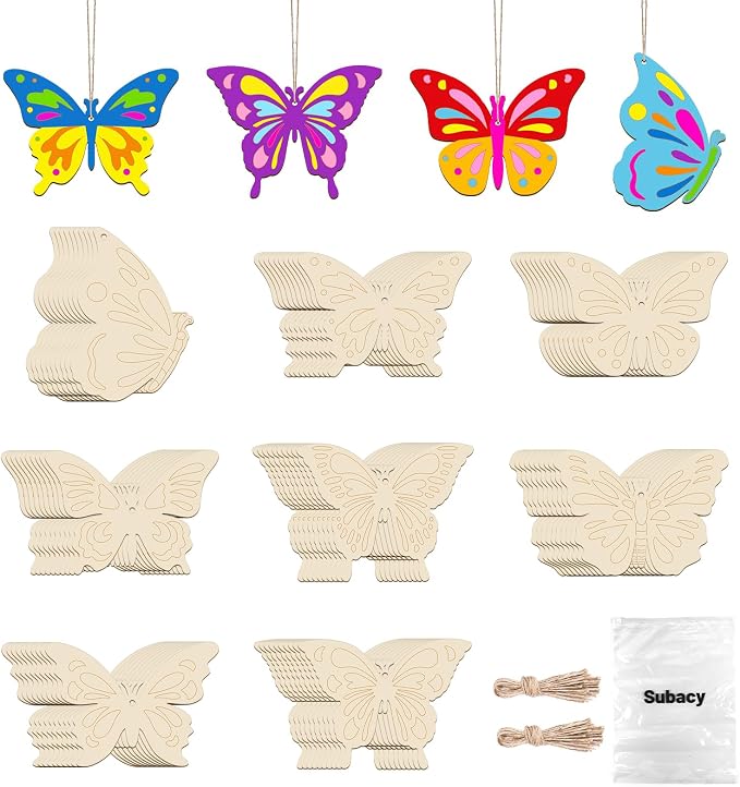Subacy 80 PCS Unfinished Wood Cutouts 8 Styles DIY Wooden Spring Ornaments
