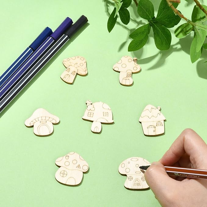 200 Pcs Unfinished Wooden Mushroom House Cutouts Blank Wood Slices Wooden