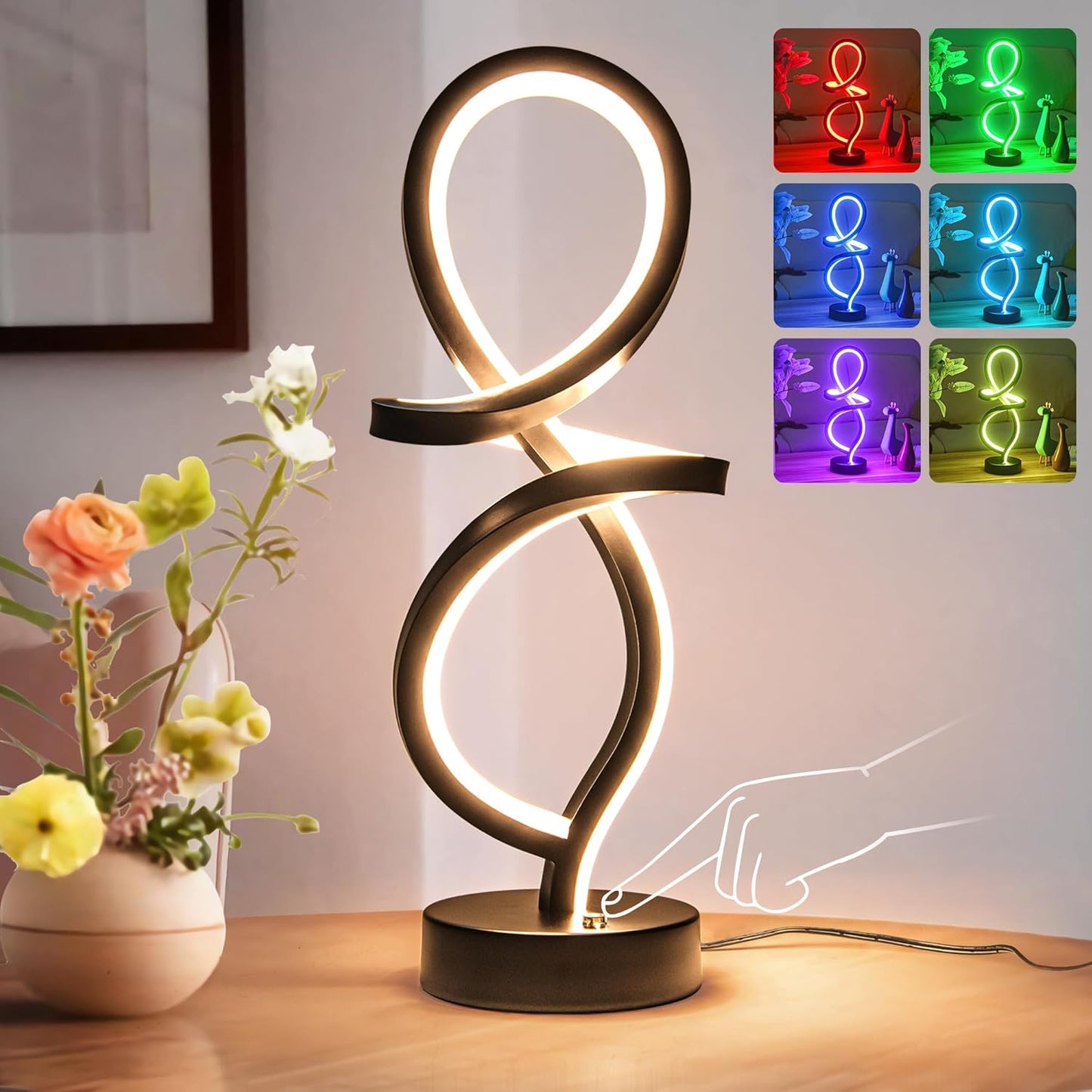 Mayful Modern RGB Table Lamp with LED Spiral Design, Black Bedside Lamp & Nightstand Lamp, Touch Dimmable with 7 Colors & 10 Modes for Bedroom, Living Room, Home Office, 15W