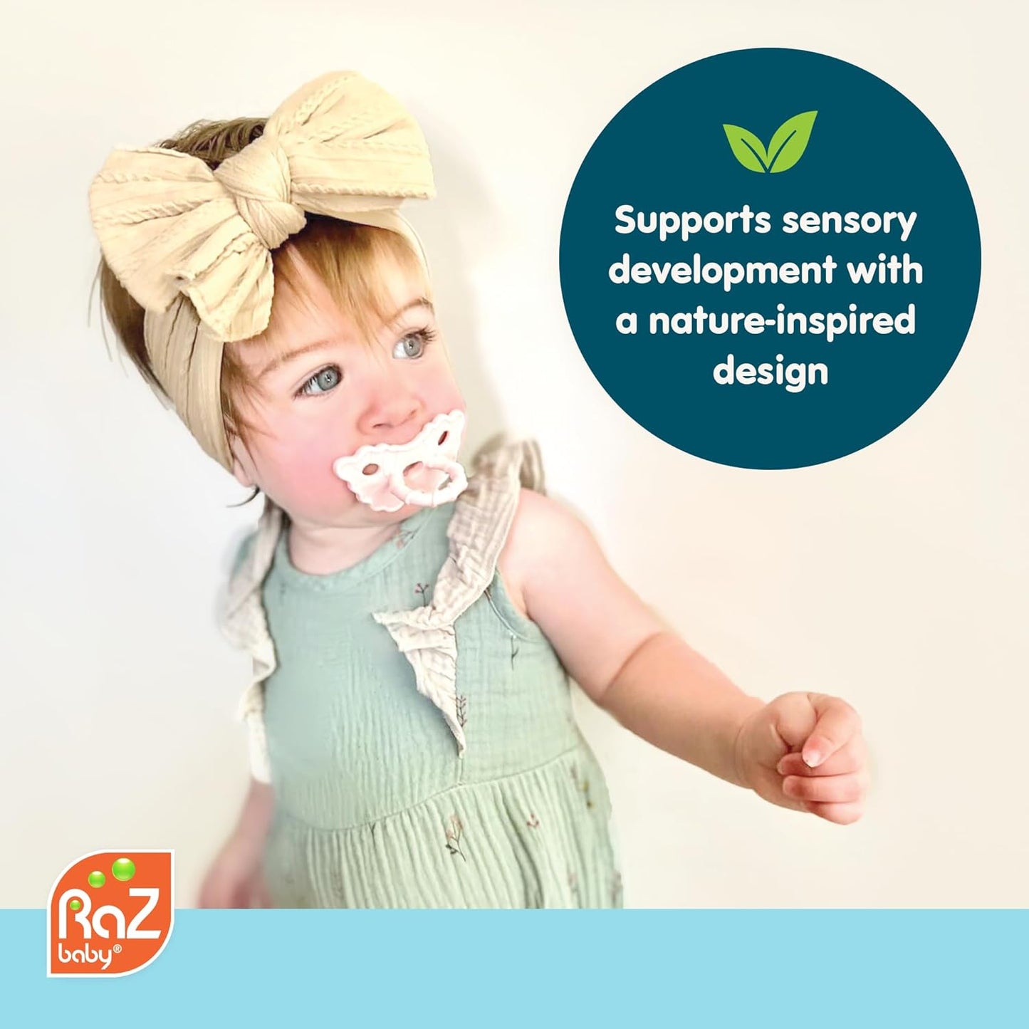 RaZbaby Pig RaZbuddy w/RaZberry Teething Relief Pacifier – Soothes Sore Gums w/Nature-Inspired Texture, 100% BPA-Free Silicone Teether, Detachable Stuffed Animal – 3 Months+ Teether, Coconut