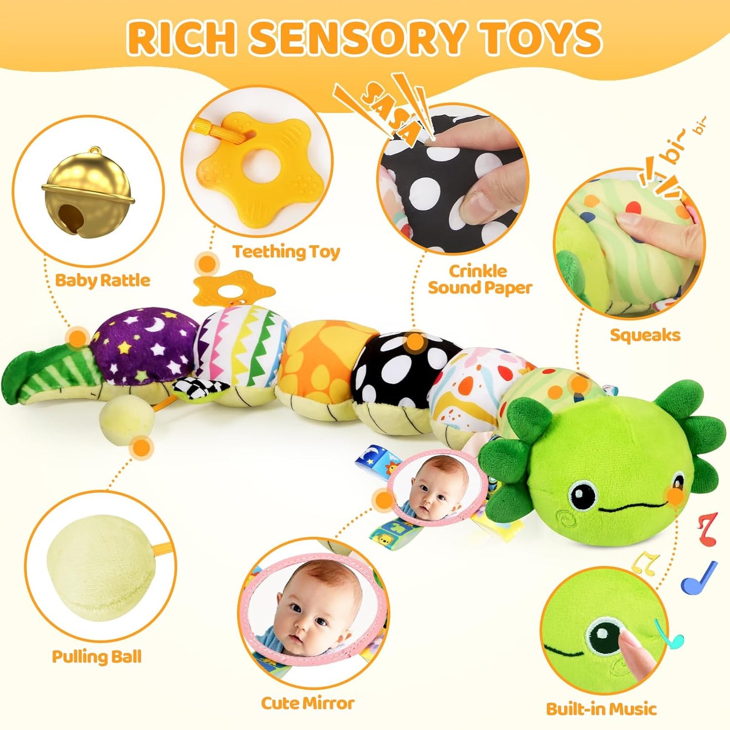 Baby Toys for 0-6 6-12 Months, Plush Axolotl Toy with Crinkle and Rattles for Infant Newborn, Sensory Music Animal Stuffed Toy for 0 1 2 3 4 5 6+ Month, Tummy Time Toys Gifts for 0-3-6-12 Months,Green