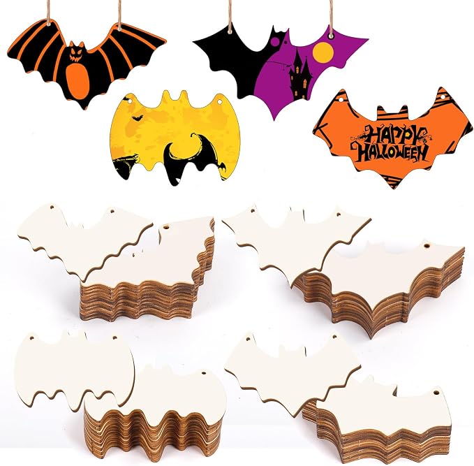 40Pcs Bats Halloween Wooden Slices Ornaments Paintable Blank Natural Bat