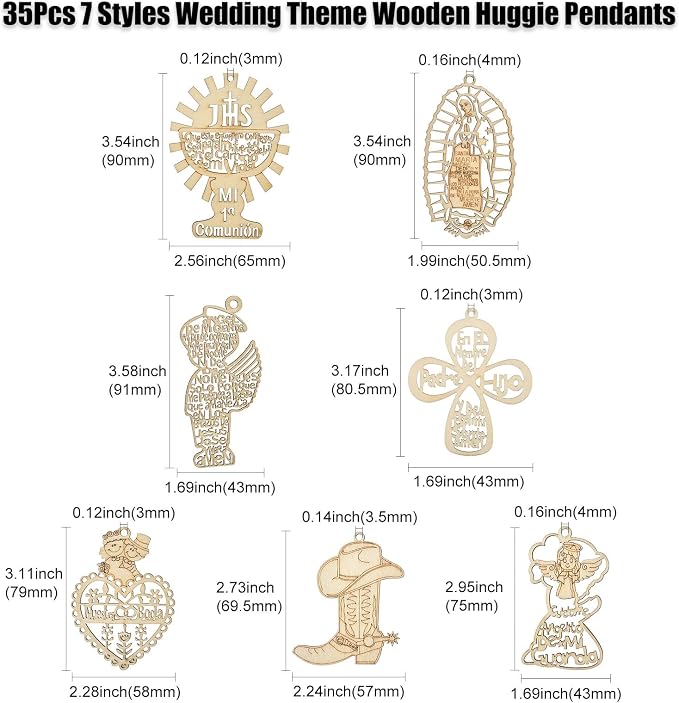 35 pcs 7 Styles Wedding Theme Wood Cutout Charms Angel Goddess Heart Cross Sun