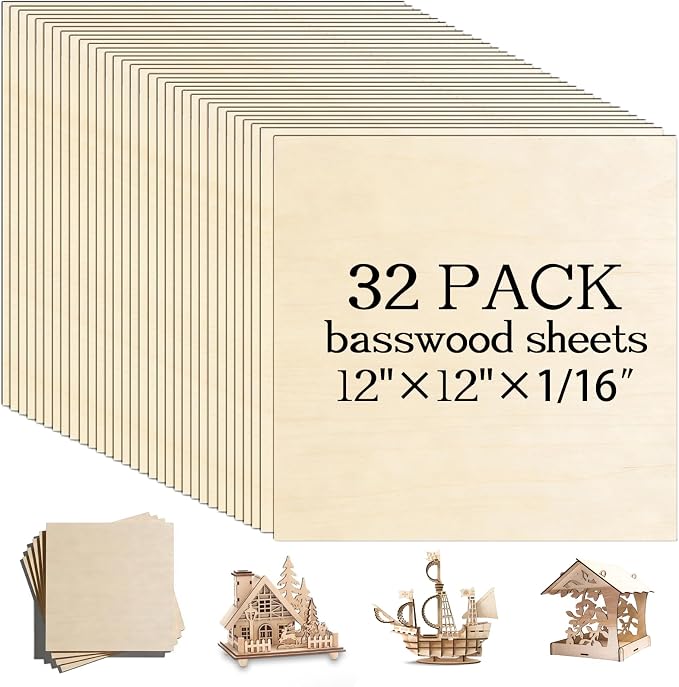 32 Pcs Basswood Sheets 12"x12"x1/8" Balsa Wood Sheet Thin Plywood Engraving