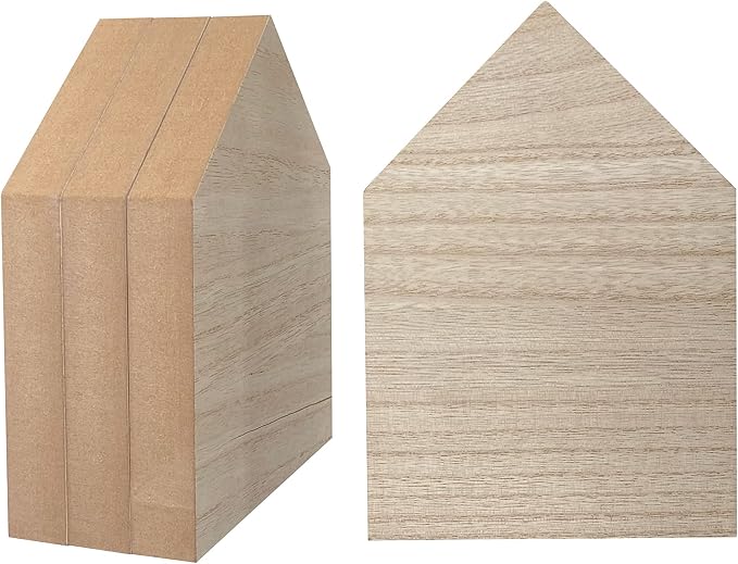 4 Pack 8 Inch Wooden House Shape Block Unfinished Wood Farmhouse Cutouts
