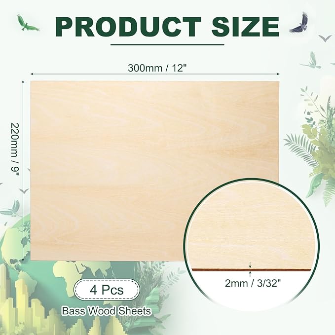 HARFINGTON 4pcs 2mm Basswood Plywood Sheets 12" x 9" x 3/32" Thin Unfinished