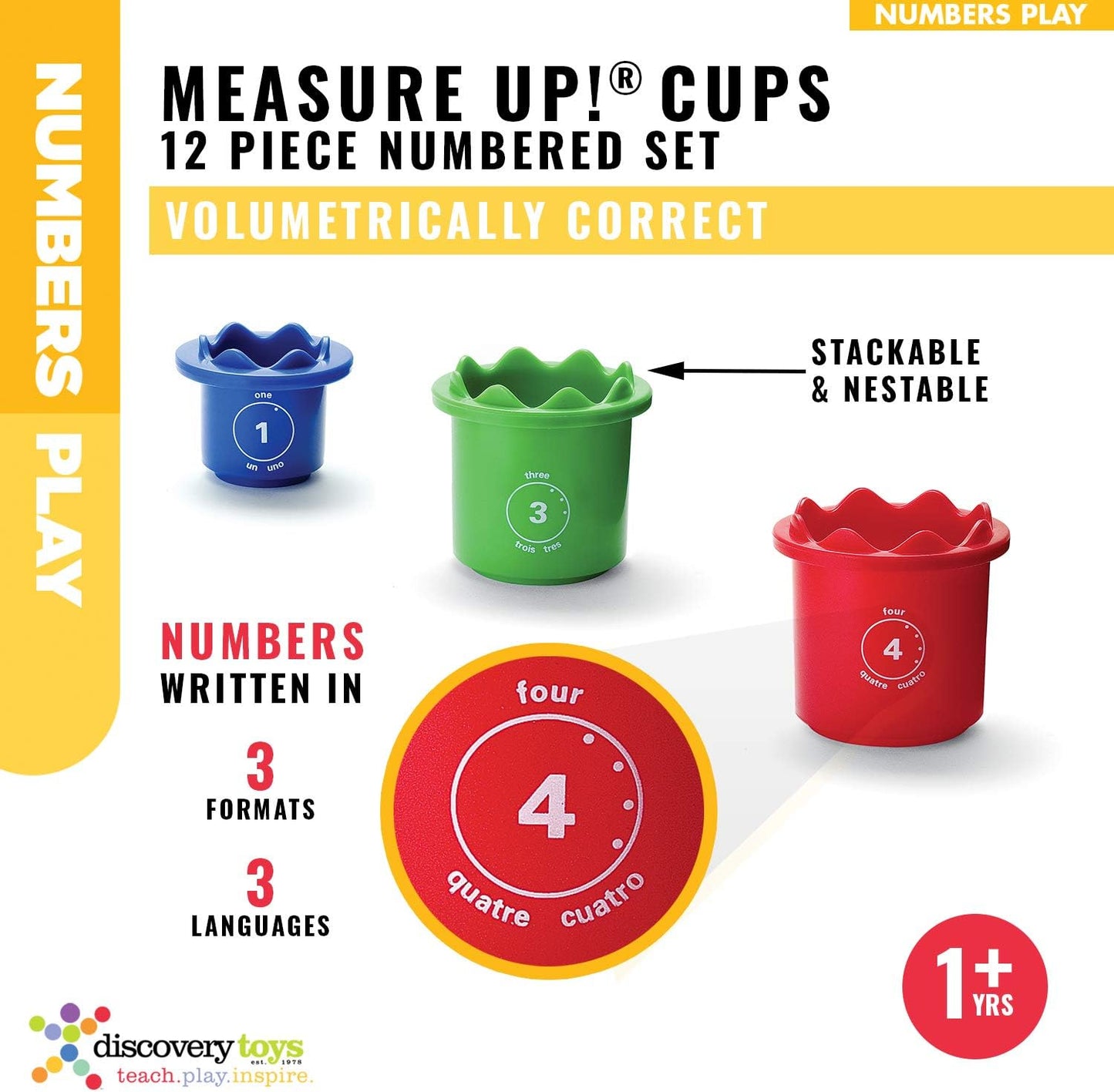 Discovery Toys Measure UP! Cups | Educational Stacking & Nesting 12 Piece Numbered Set| Kid-Powered Learning | STEM Toy Early Math Childhood Development 12 Months and Up