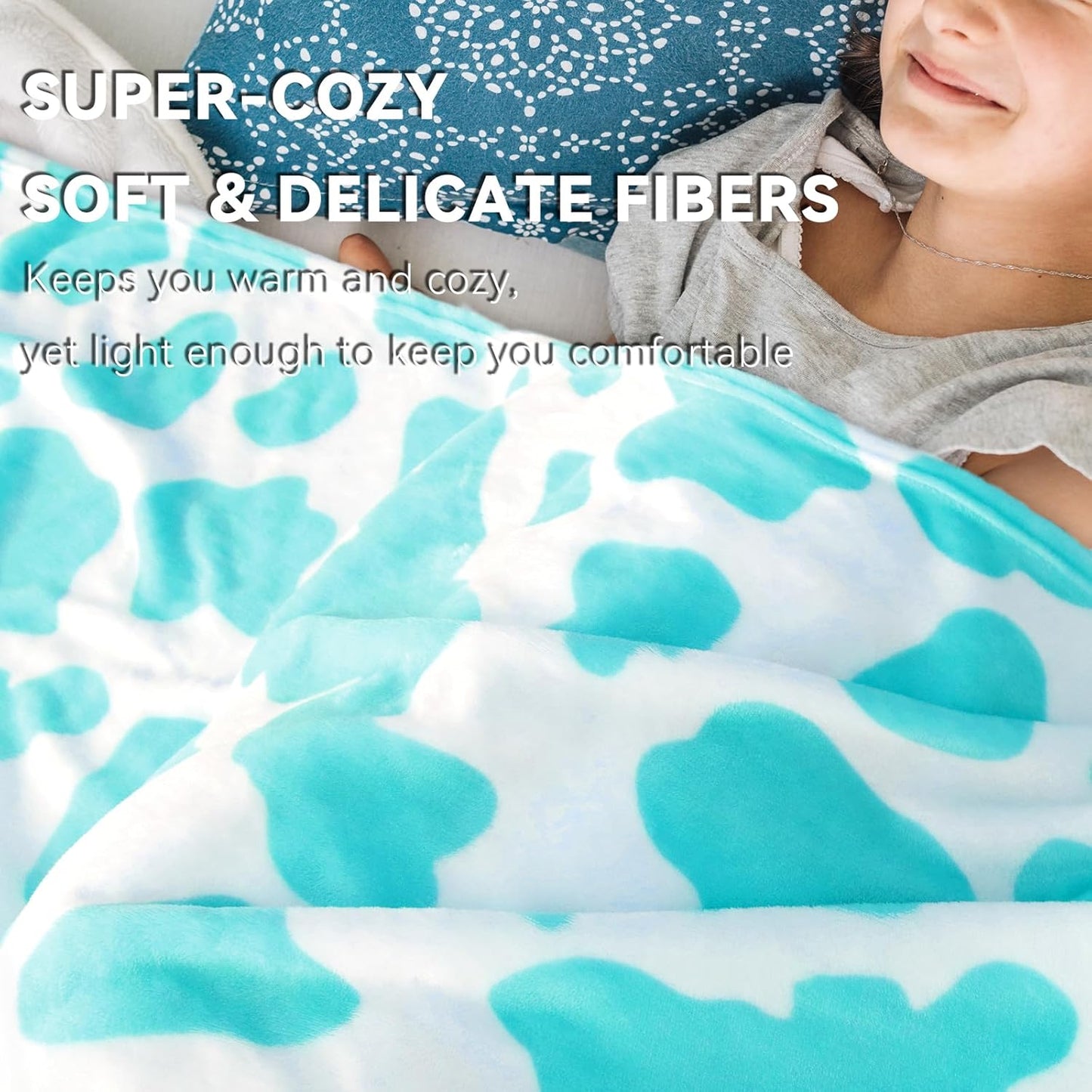 Blue Cow Print Twin Blanket - Lightweight Fuzzy Soft Throw for Bed, Sofa, Dorm, Couch - Cozy Cyan Gifts for Teens Girls Bedroom Decor