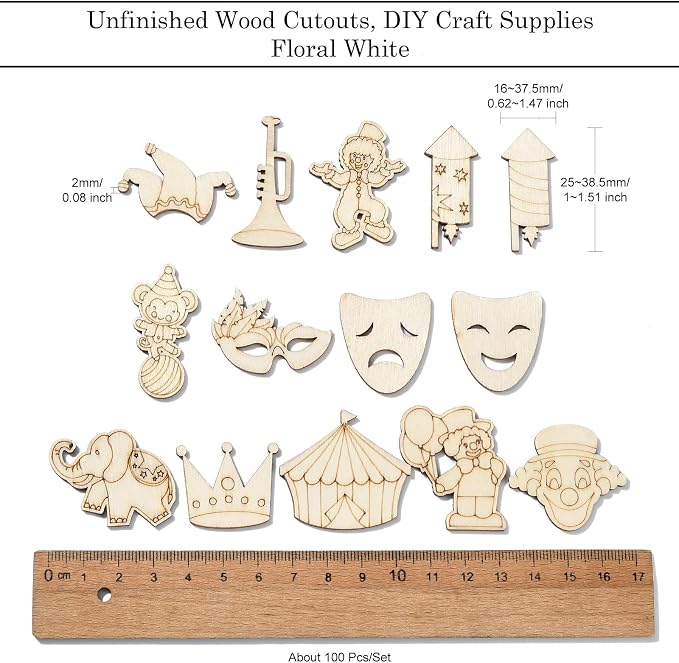 200 pcs Mixed Styles Carnival Theme Unfinished Wood Cutout Charms Crown Clown