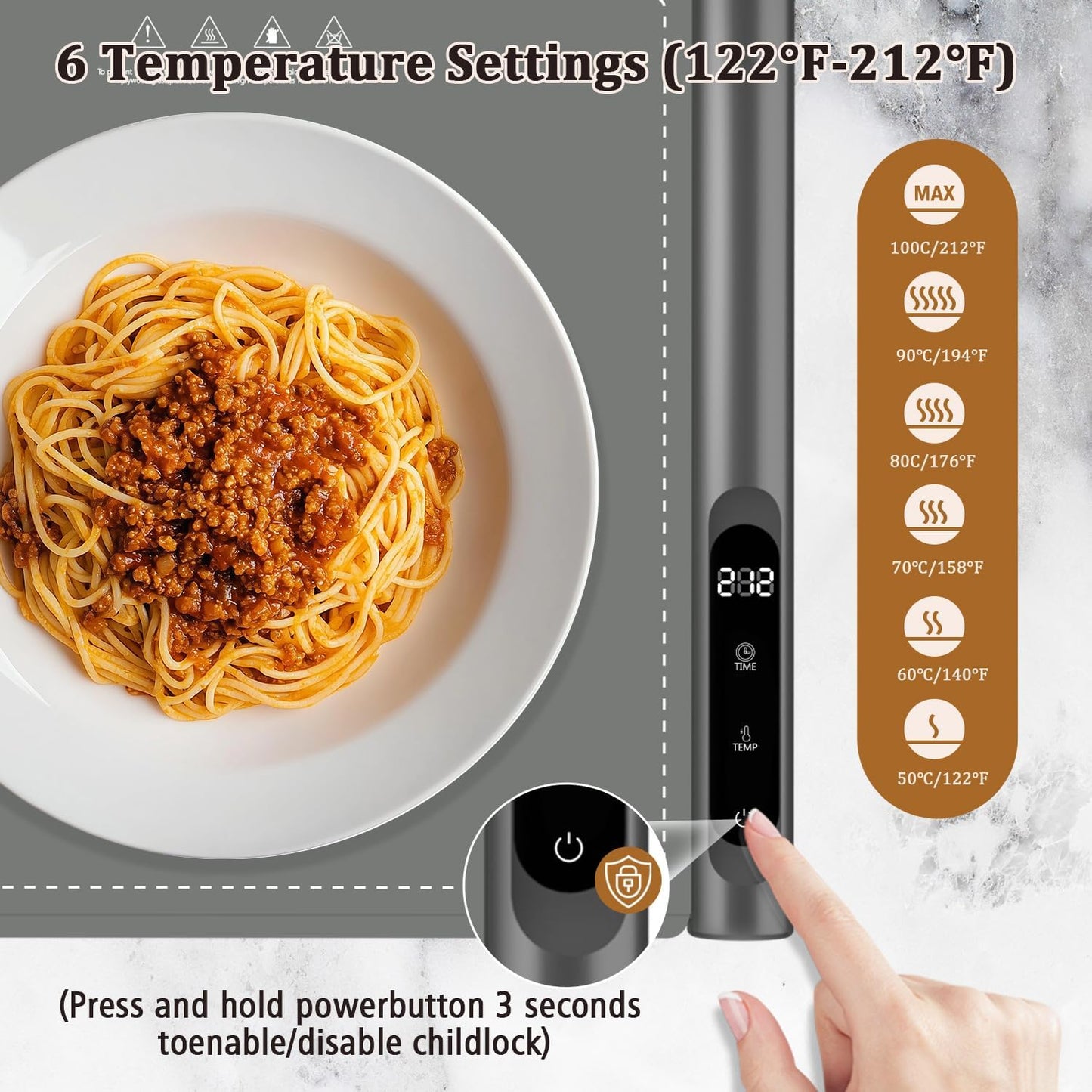 Upgrade Graphene Warming Mat for Food, Rapid Heating Food Warming Mats for Countertop with 6 Temps & Timer Settings, Portable Electric Warming Tray for Buffets Party, Gray