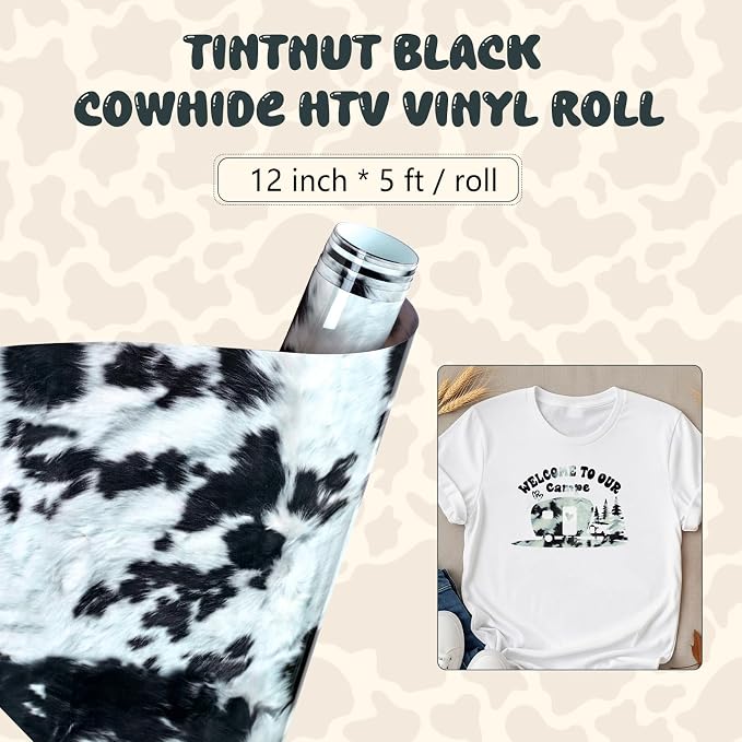 Tintnut Black Cowhide Heat Transfer Vinyl Roll, easy cut & weed, stretch