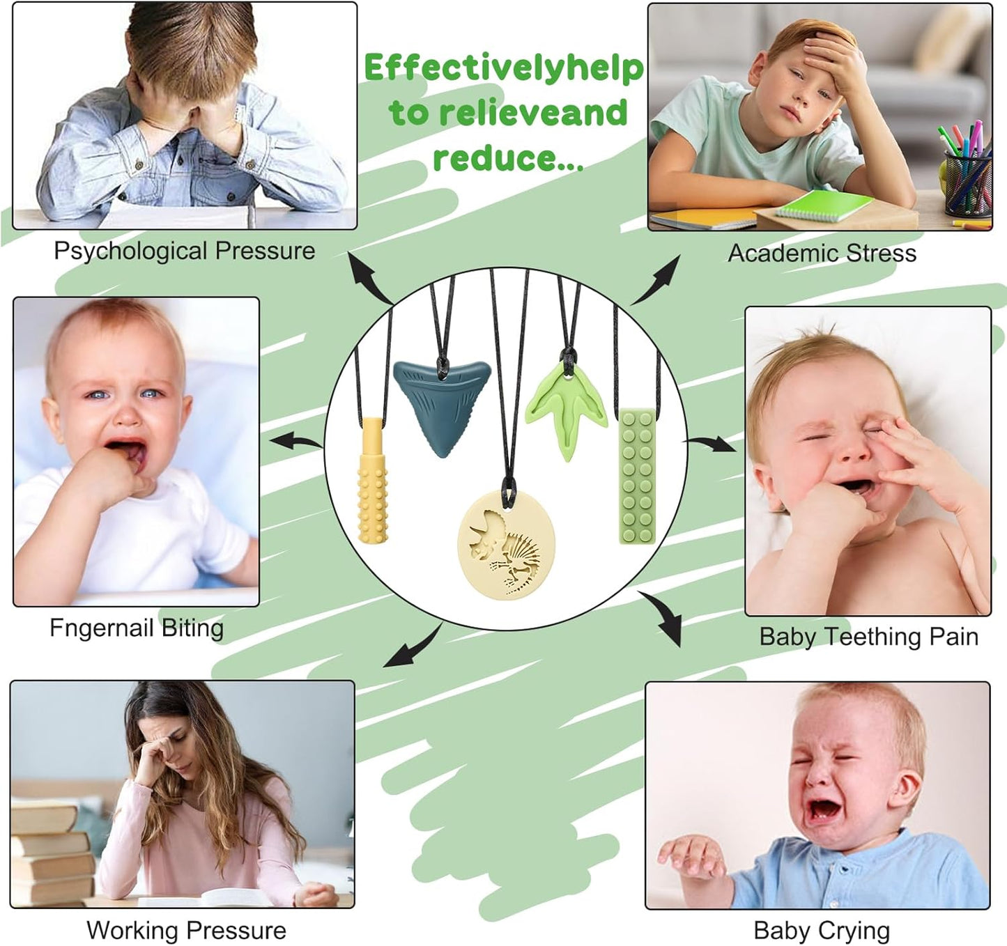 Sensory Chew Necklaces for Aggressive Chewers - Silicone Chewelry for Autism, ADHD, Oral Motor Therapy & Baby Teething - Dinosaur (BPA-Free, Textured Surface)