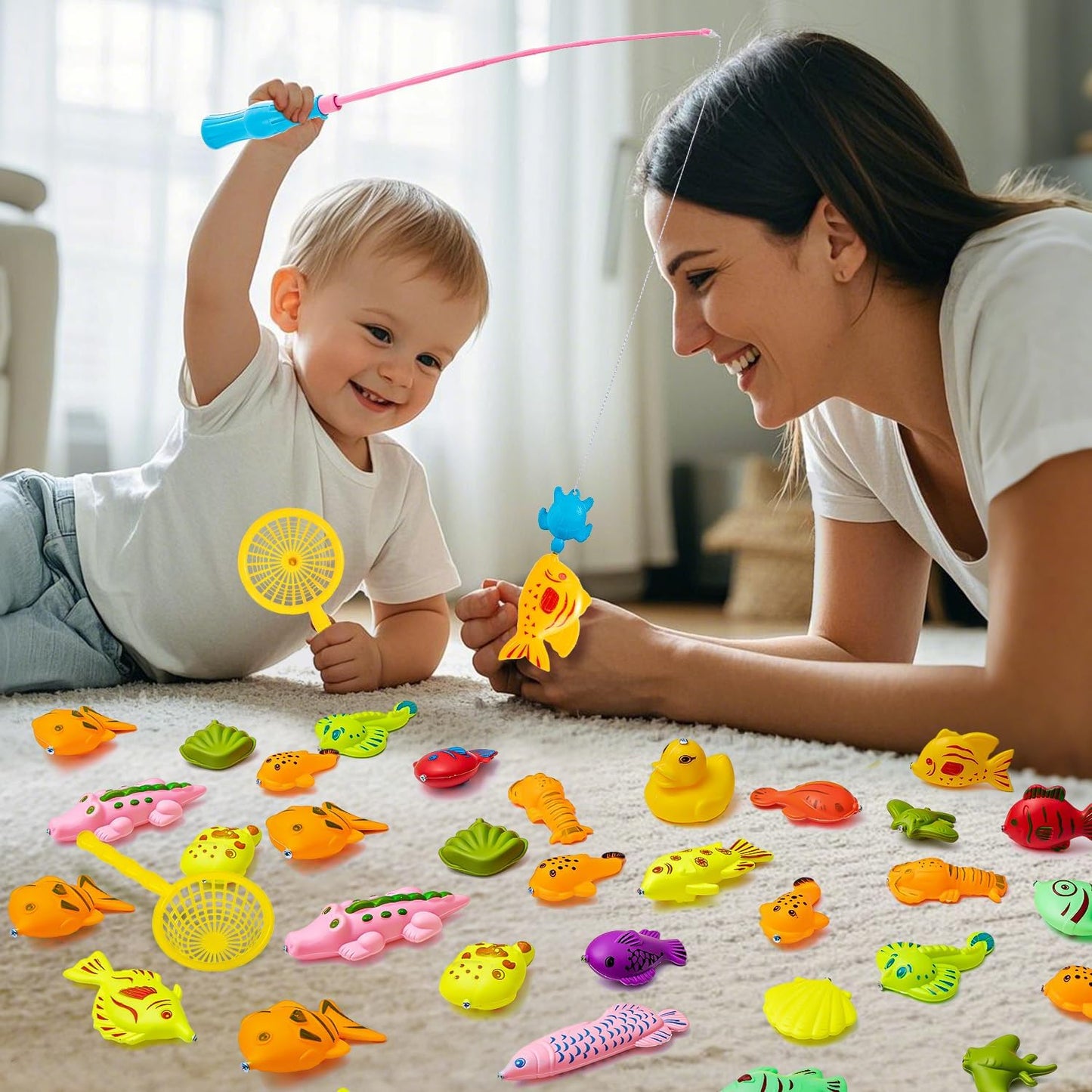 62Pcs Magnetic Fishing Game for Kids, Bathtub Kiddie Party Toy, Plastic Floating Fish with Pole Rod Net, Bath Toys for Kids Ages 4-8