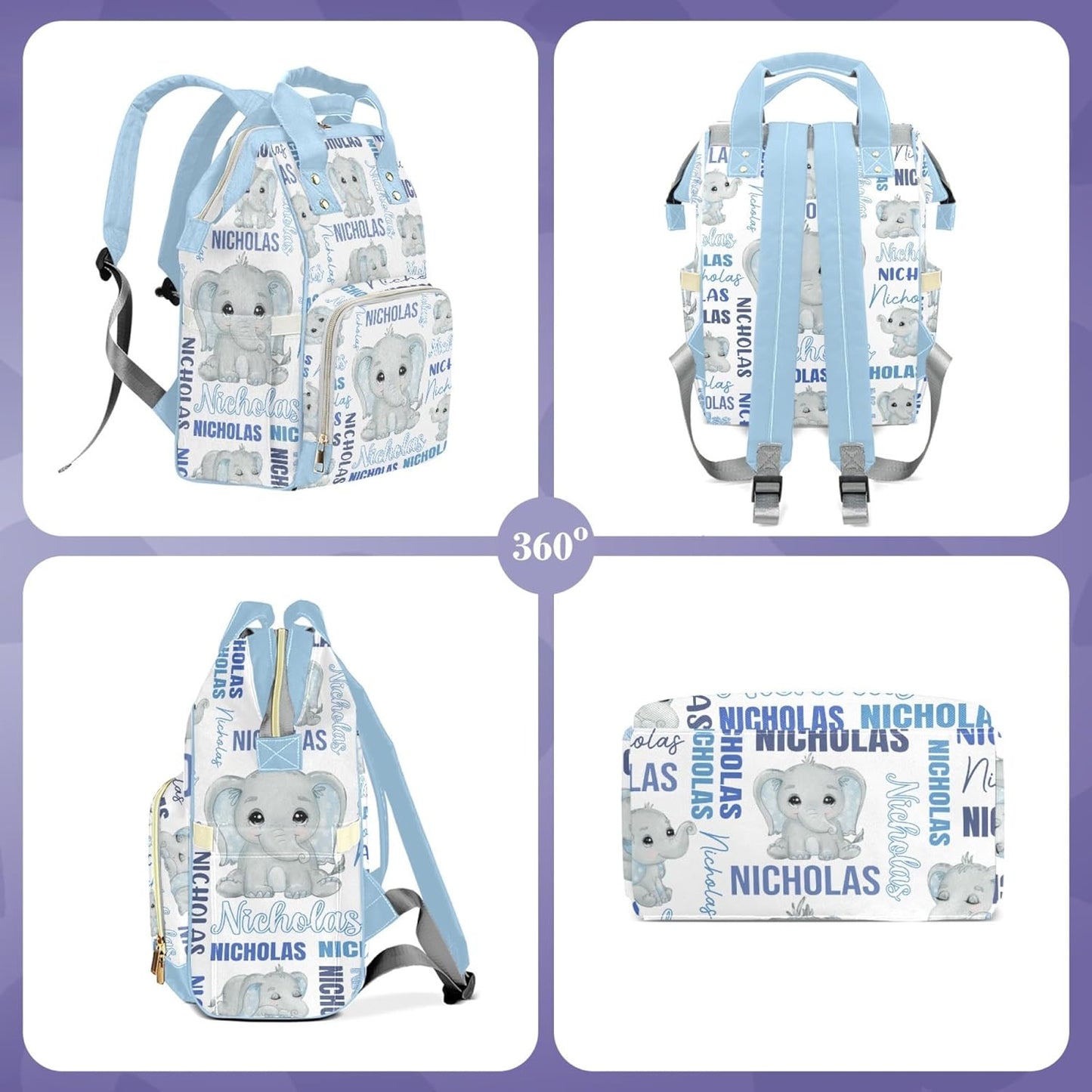 Custom Diaper Bag Mommy Bag with Multi-function Shoulders Outdoor Backpack for Newborn Baby Boy Elephant, Blue Customized Nappy Backpack with Thermal Pockets Nursing Bags