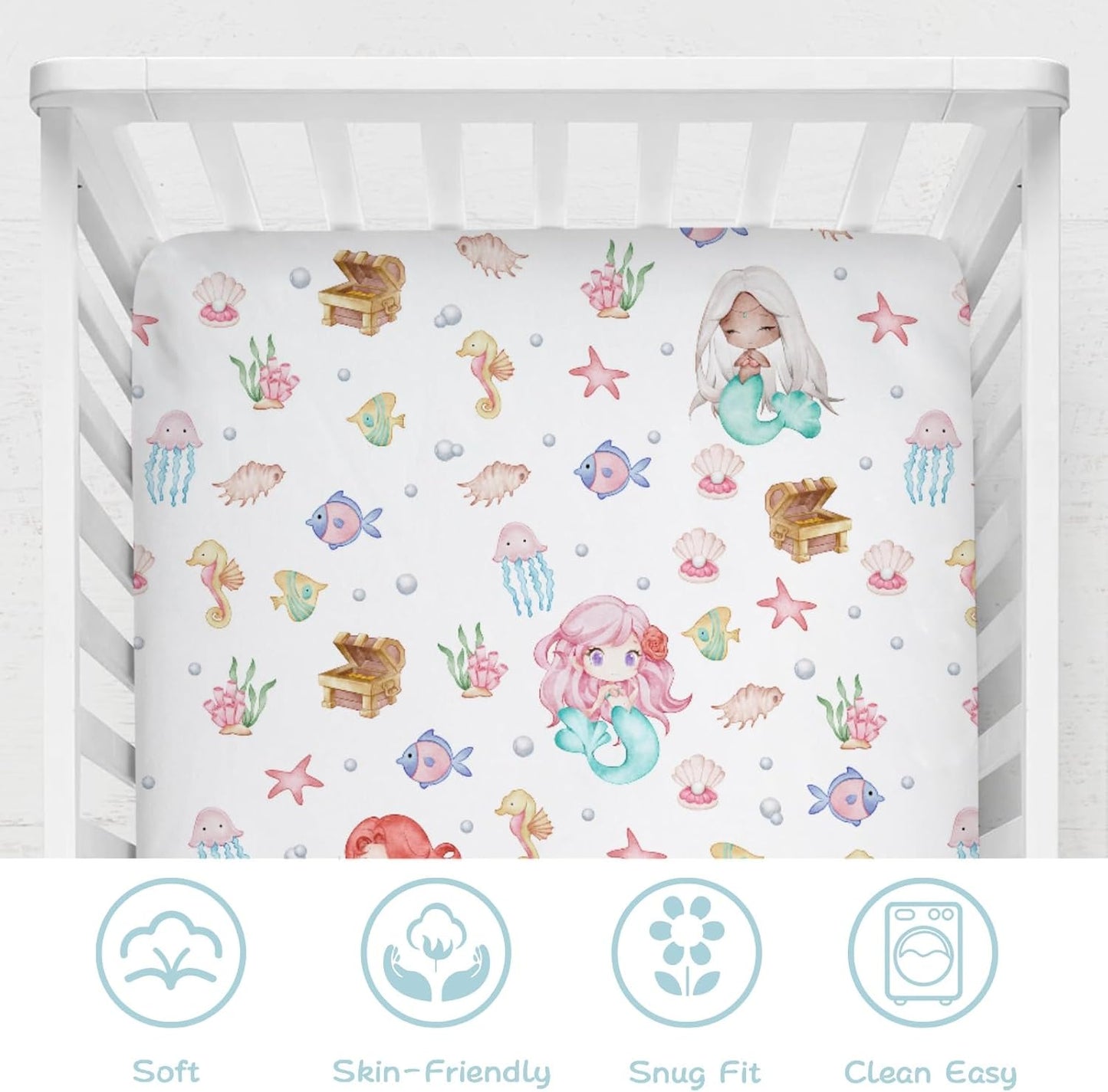Watercolor Mermaids Baby Crib Sheets 52''x28'' Ocean Animals Fish Sea Horse Jellyfish Conch Coral Stretchy Fitted Crib Mattress Cover for Boy Girl Soft Bed Sheets for Standard Crib Toddler Mattress