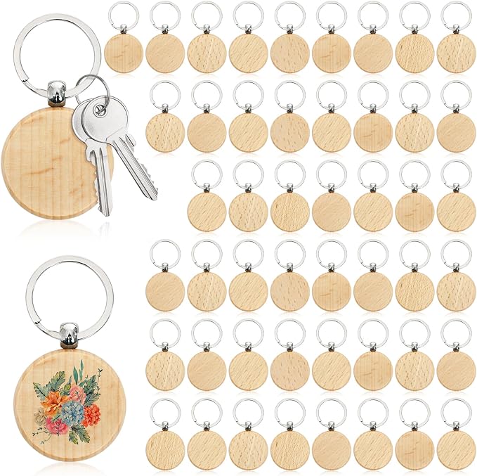 WRINGKIT 50 Pieces Wood Keychain Blanks, Unfinished Wood Key Chain Crafts