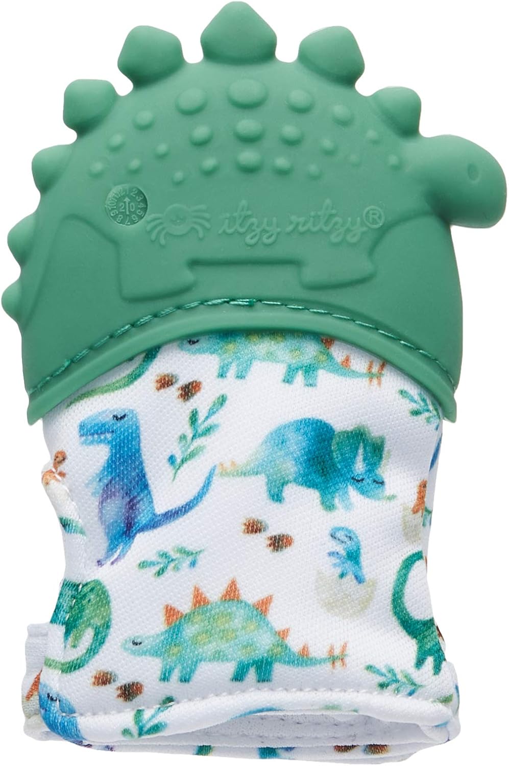 Itzy Ritzy Silicone Teething Mitt - Soothing Infant Teething Mitten with Adjustable Strap, Crinkle Sound & Textured Silicone to Soothe Sore & Swollen Gums - for Ages 3 Months & Up (Green Dinosaur)