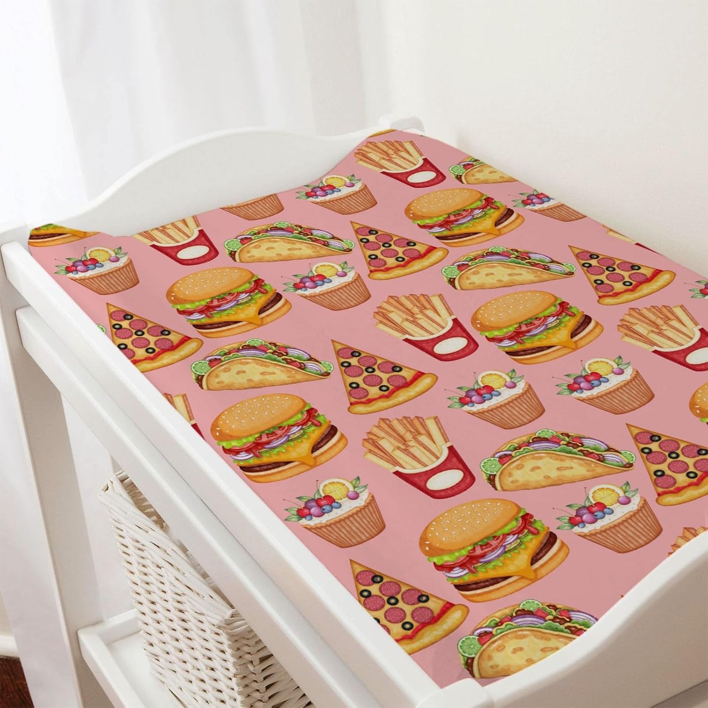 Cute Burger French Fries Cupcake Pizza Baby Changing Table Pad Covers for Baby Boys or Girls 32''x16'' Unisex Fitted Diaper Changing Table Cover Comfort Soft Breathable Nursery Changing Table Mats