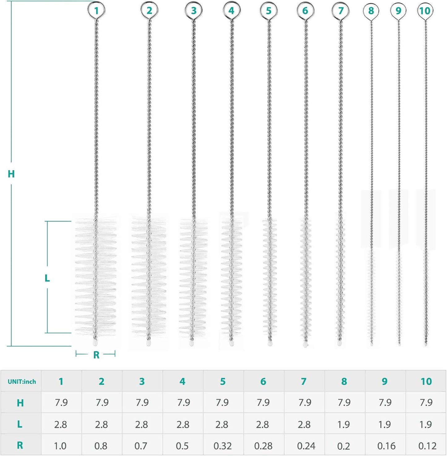 CiaraQ Bottle Cleaning Brushes, 8 Inch Nylon Tube Brush Set, Cleaner for Narrow Neck Bottles Cups with Hook, Set of 10pcs.