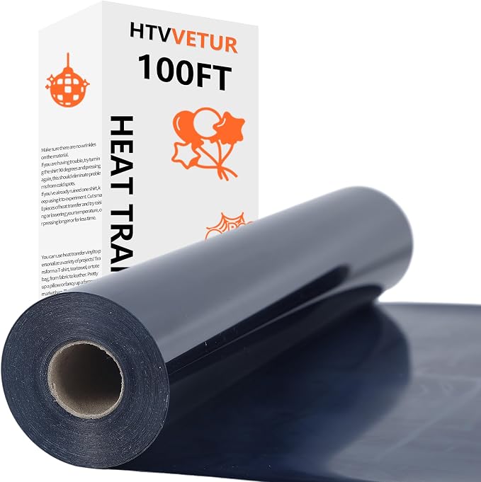 HTVVETUR Black Iron on Vinyl Roll 12" x 100ft, HTV Heat Transfer Vinyl