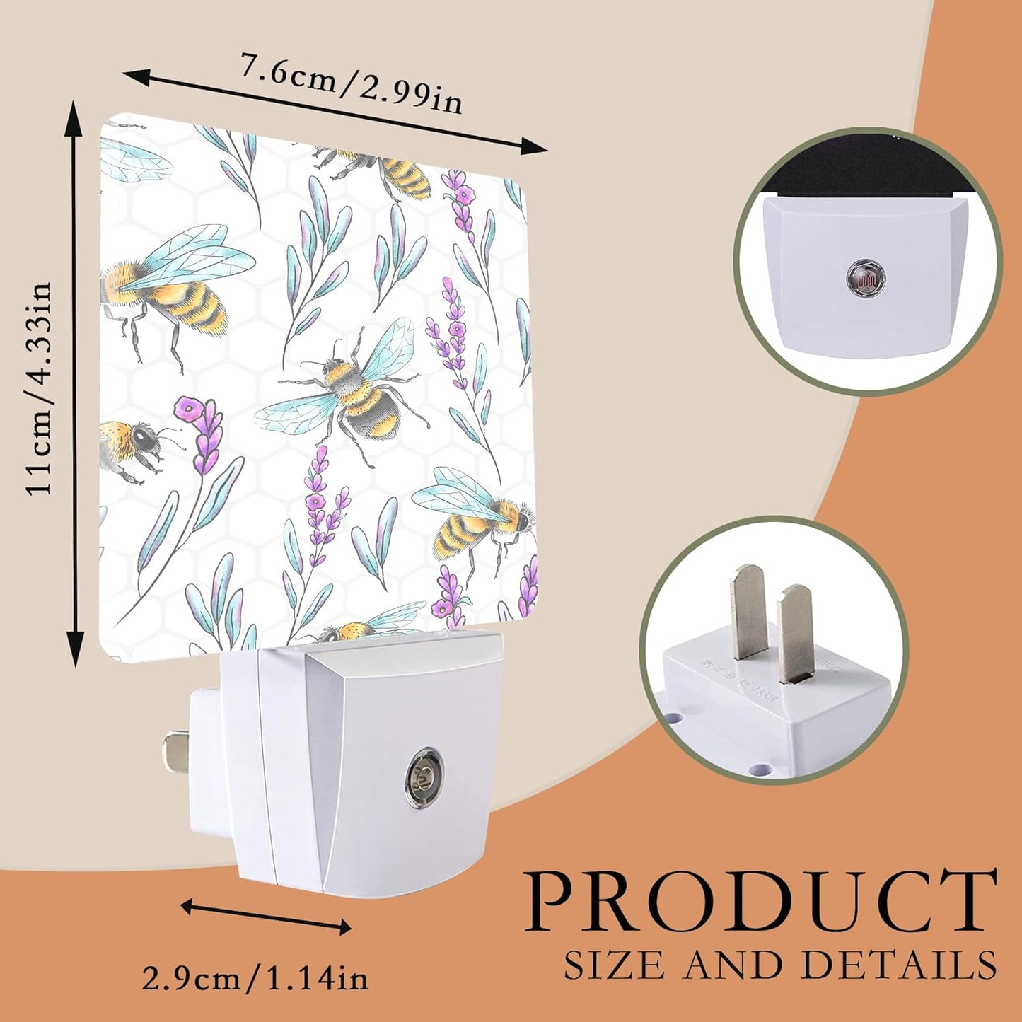 Night Light With Bees and Lavender Flowers - Dusk to Dawn Sensor for Kids, Girls, Boys, Women, Men - Room Decor for Hallway, Kitchen, Bathroom, Nursery, Stairs
