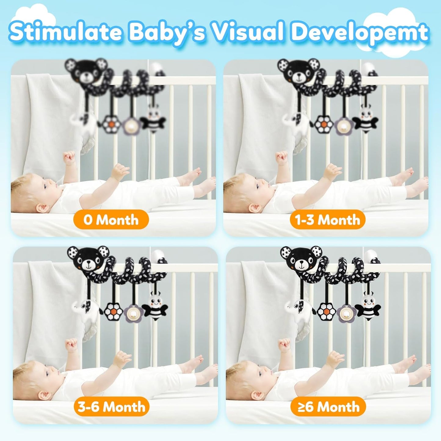 Baby Carseat Toy Black & White Rattle Spiral Hanging Activity Stroller Toy for Newborns Boys and Girls - Bear