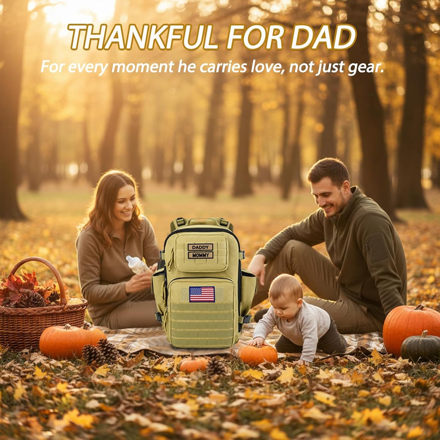 SHARKMOUTH Military Diaper Bag for Dad - Insulated Baby Diaper Backpack with Patches for Hiking Travel Camping - Baby Shower Gifts Tan