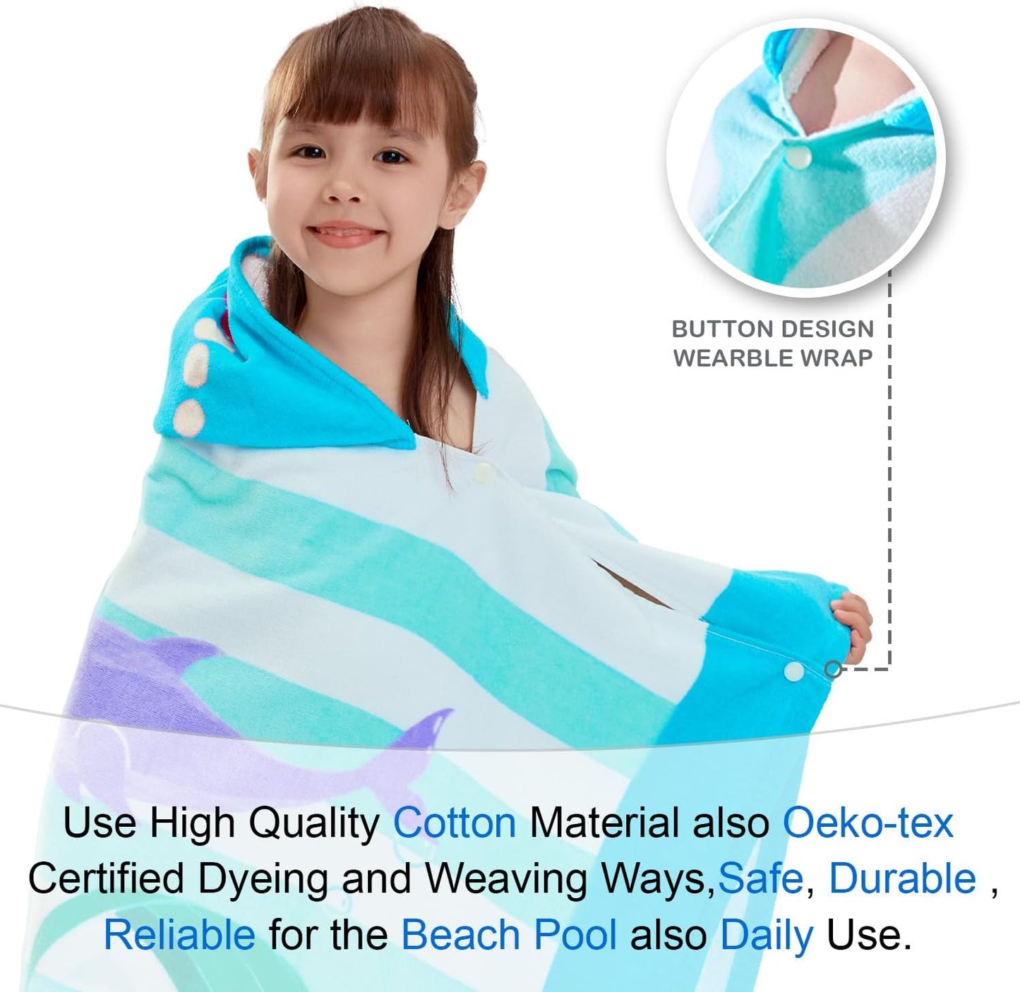 VOOVA & MOVAS Toddler Bath Towels Age 3-10, 30''X50,100% Cotton | Soft | Thick, Hooded Towel for Kids Girls, Perfect for Beach, Pool, Bath,Swim, Stripe Mermaid