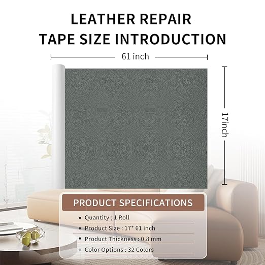 Leather Repair Patch Tape, Dark Grey 17 x 61 Inches Self Adhesive Leather
