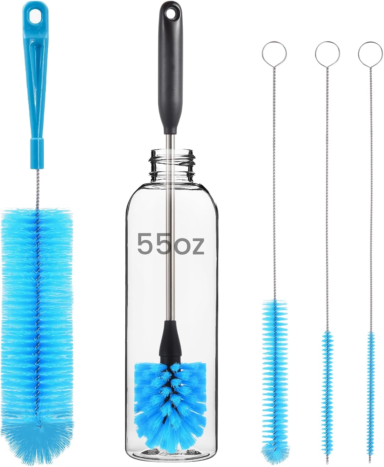5 Pack Bottle Brush, Straw Cleaner Brush & Water Bottle Brush,15in Stainless Steel Brush, 3 Straw Brushes, 3-in-1 Bottle Cleaning Brush for Water Bottle, Coffee Mugs, Straws-Blue