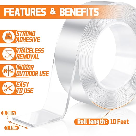 5 Rolls Double Sided Tape Heavy Duty, Total 50FT Clear Double Sided Mounting