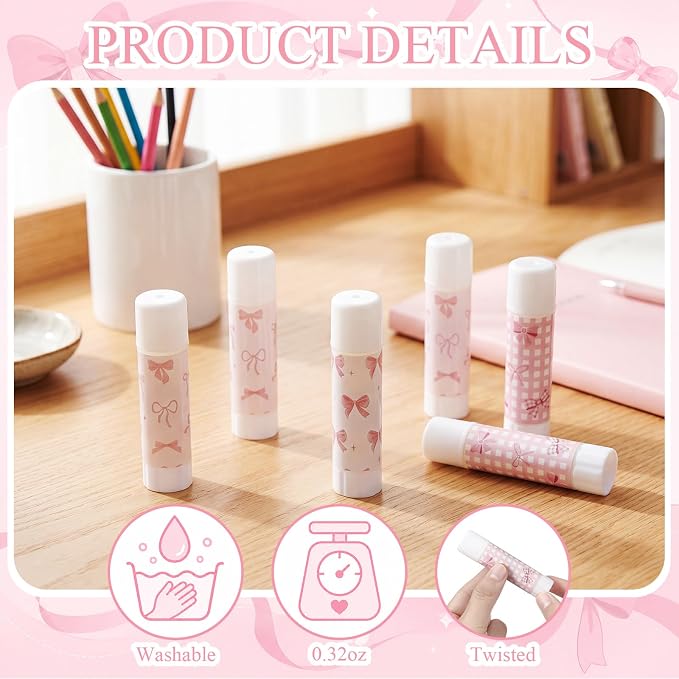 Sabary 100 Pcs Pink Bow White Glue Stick Bulk Washable Glue Sticks 0.32 oz