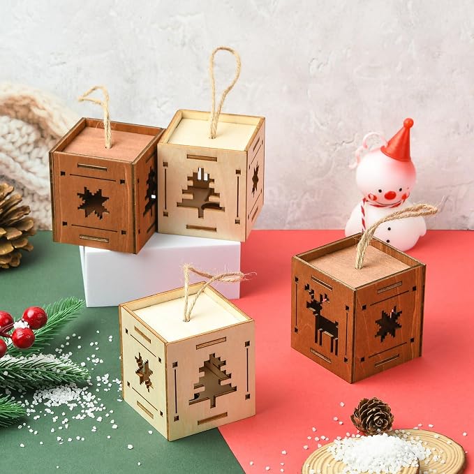 6 pcs 2 Styles Christmas Splicing Theme Undyed Wooden Cutout Charms Square