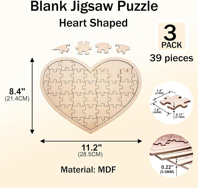 3 Pack Blank Wooden Heart Shaped Jigsaw Puzzle 11.2x8.4 Inch Unfinished Wooden