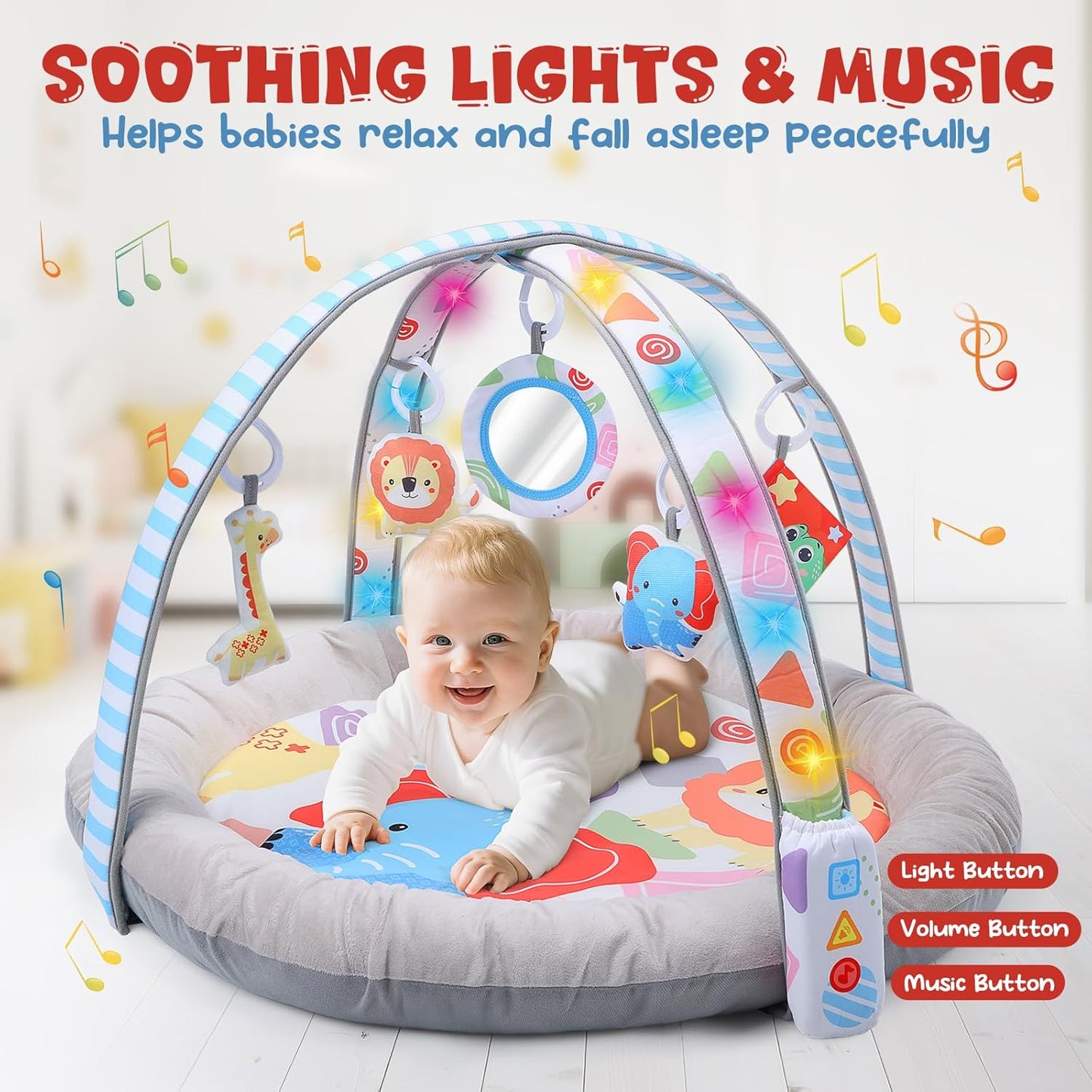 CUTE STONE Baby Play Gym & Tummy Time Mat with Lights, Sounds, Detachable Toys, Adjustable Volume Activity Gym Baby Mat for Infant Sensory & Motor Development, Newborn Baby Gift