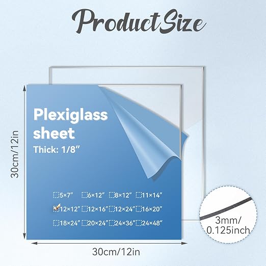 2 Pack Clear Plexiglass Sheets 1/8 inch Thick 12×12In Custom Size Plexiglass