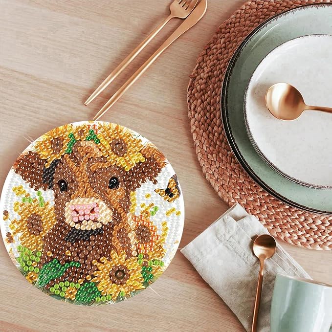 ijbnhd 8 Pack Highland Cow Diamond Art Coasters Kits | Cow Diamond Painting
