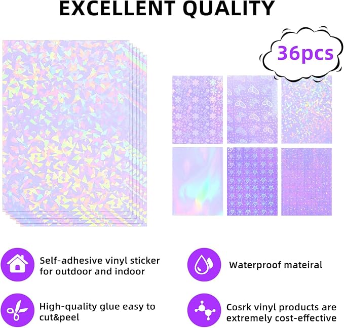 36 Sheets Holographic Laminate Sheets Clear Self Adhesive Sticker Paper |