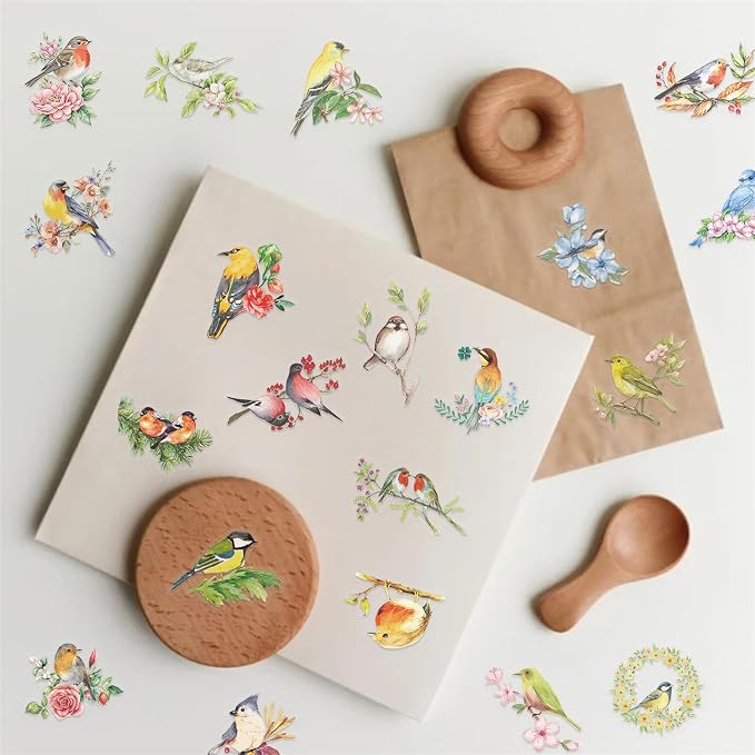 50PCS Flower and Bird Stickers PET Transparent Stickers Nature Watercolor Birds