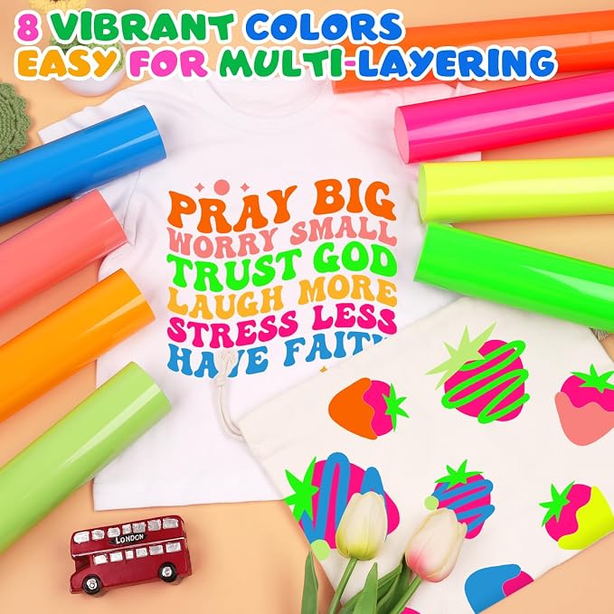 WRAPXPERT Neon HTV Heat Transfer Vinyl 8 Neon Vinyl Assorted Sheets 12x10In