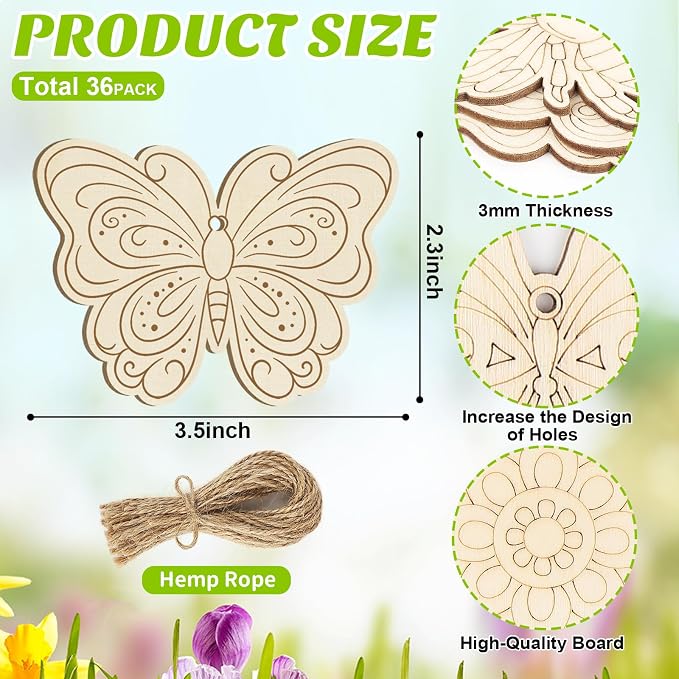 36PCS Wooden Spring Ornaments to Paint, 6 Styles DIY Blank Unfinished Wood