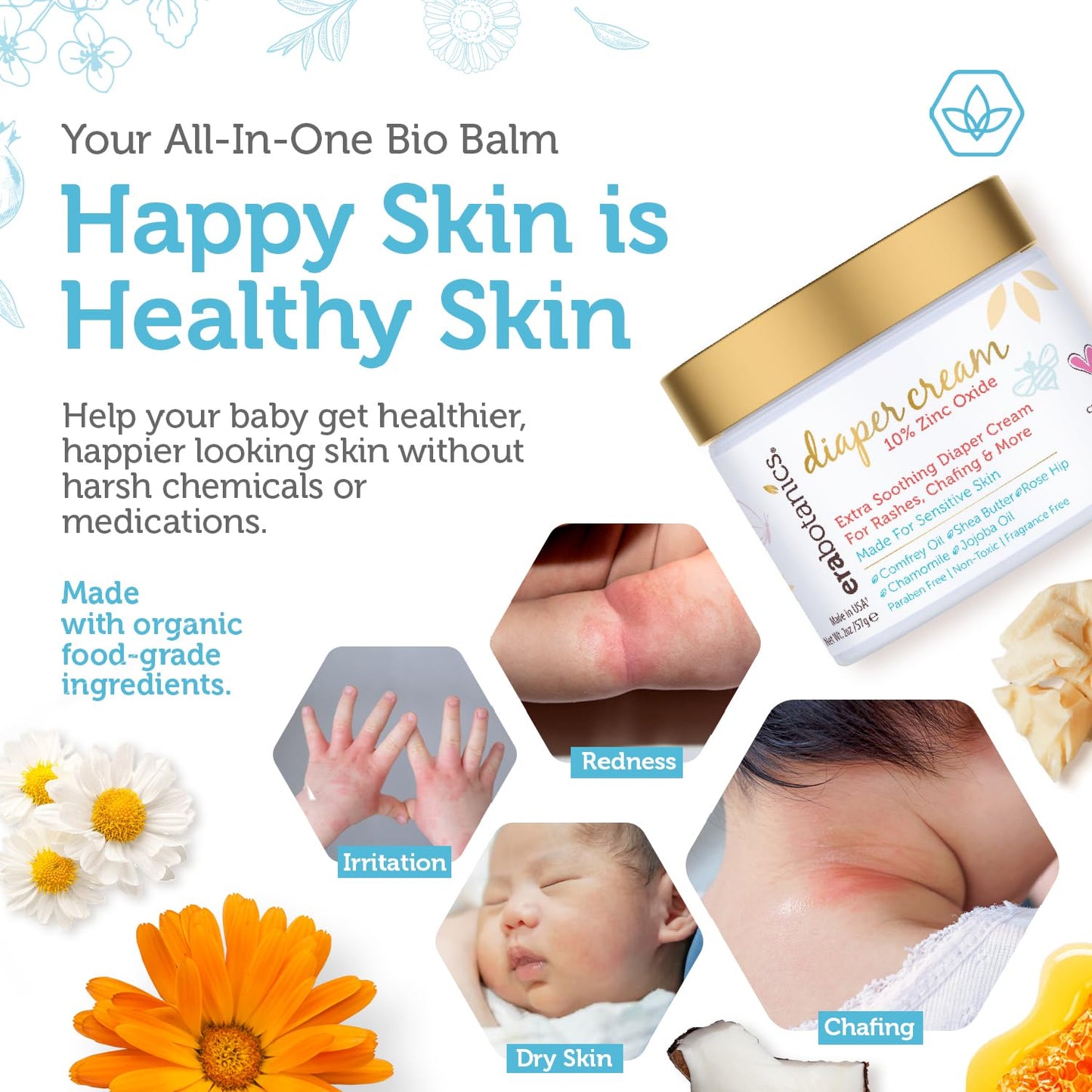 Era Organics Diaper Rash Cream For Baby - Extra Soothing and Moisturizing with Zinc Oxide, Organic Aloe Vera, Chamomile, Calendula Plus More - Gentle Butt Rash Moisturizer