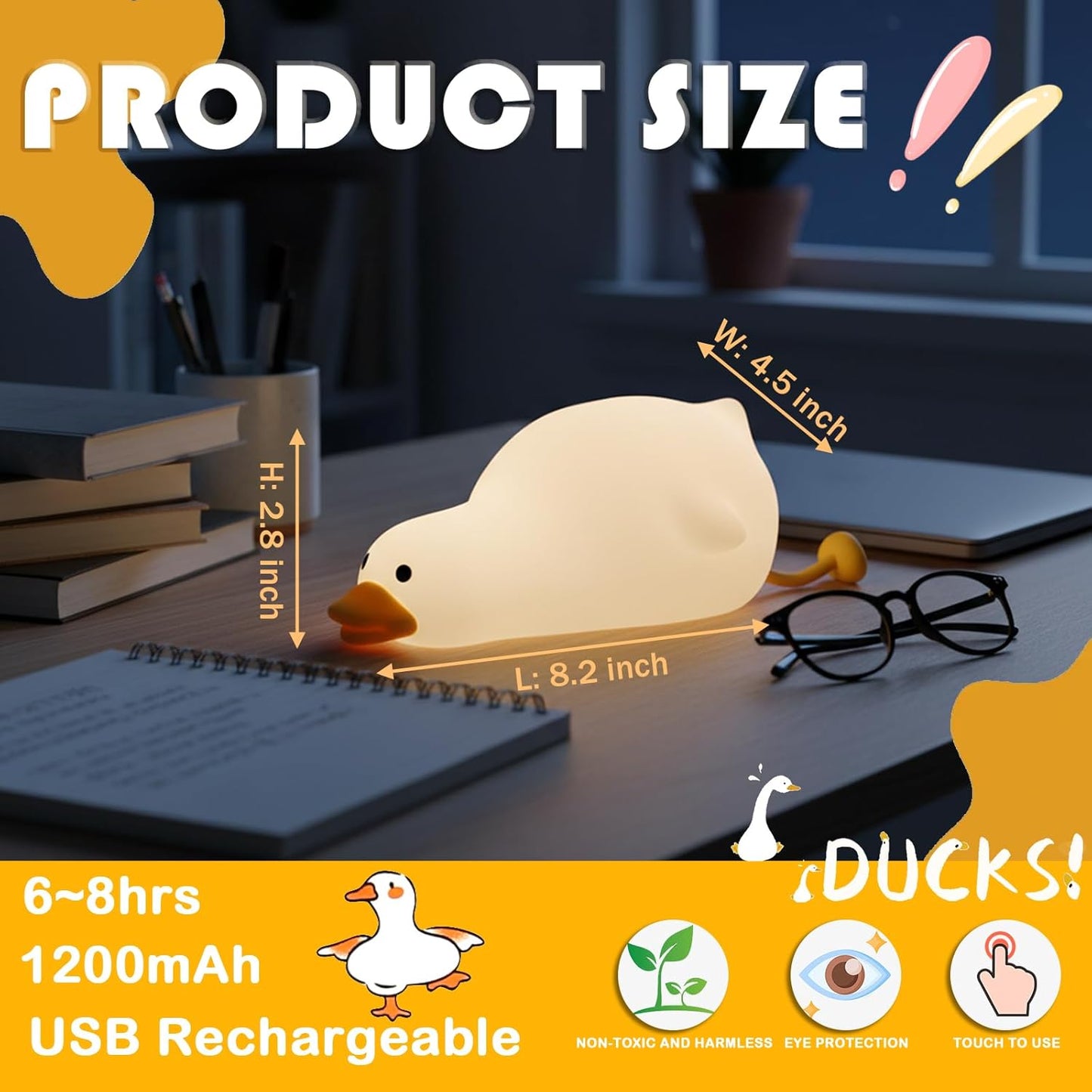 LED Duckling Night Light, Cute Duckling Three-Level Dimmable Night Light, Rechargeable Bedside Touch Lamp, Suitable for Boys and Girls Room Decoration