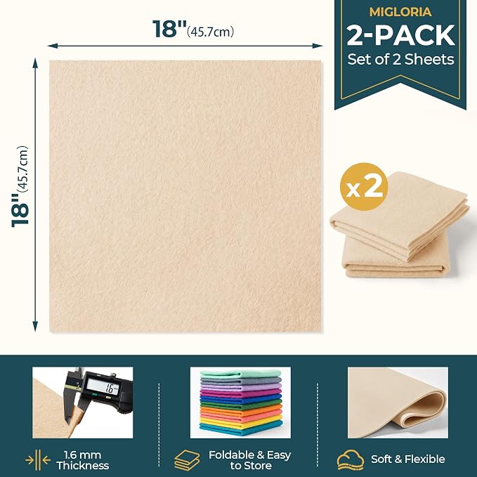 Felt Fabric Sheet 18 x 18 Inch, 1.6mm Thick | Soft and Flexible Nonwoven