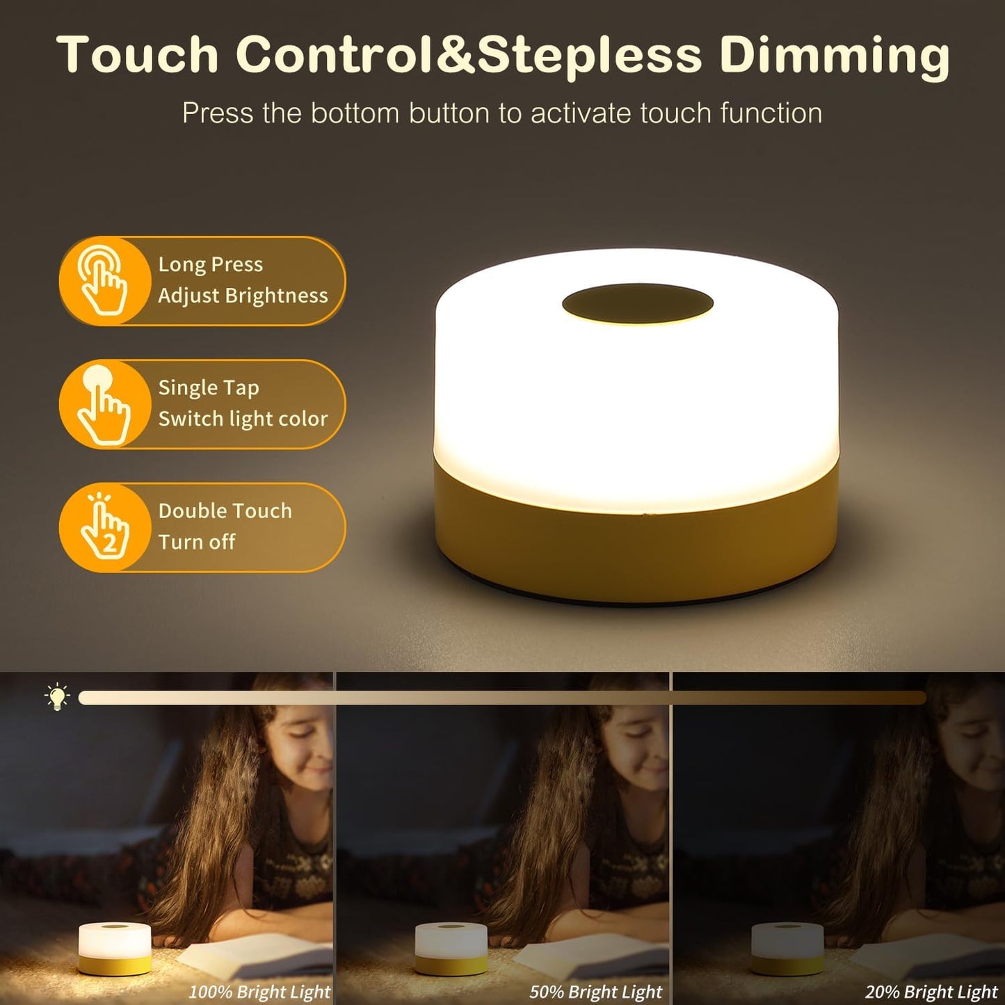 JUSHENG Night Light for Baby Nursery, USB Rechargeable Touch Lamp for Bedroom Nightstand with 3CCT & Dimming Function LED Battery Operated Lamp as Kids Night Light with Cute Design, Bright Yellow