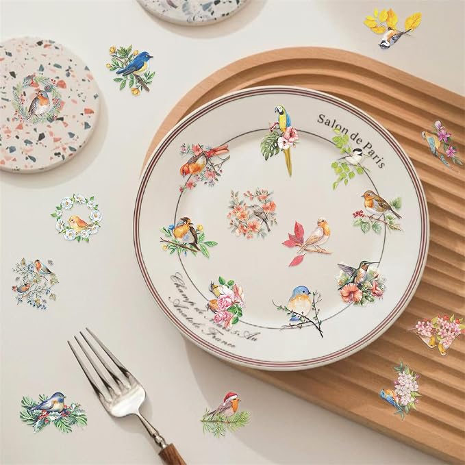 50PCS Flower and Bird Stickers PET Transparent Stickers Nature Watercolor Birds
