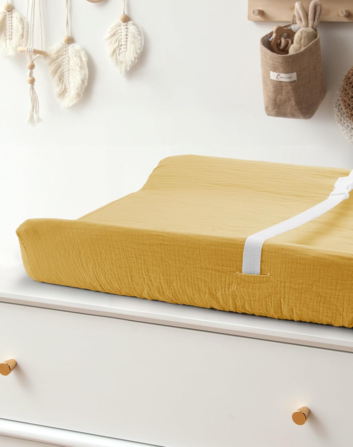 Changing Pad Cover for Baby Boy Girl 2 Pack, Muslin Changing Table Pad Covers with Boho Style, Neutral Nursery Bedding Essentials Soft and Breathable(Beige & Mustard Yellow)